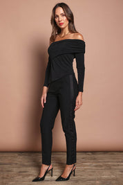 Model Madeline wearing size 10 of the Tiffany Tuxedo Pants in colour Black (Black), from the front, showing the whole outfit