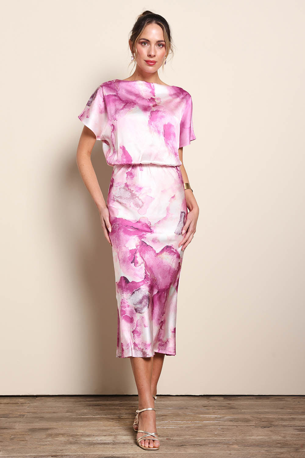 Model Maddiec wearing size 10 of the Krista Dress – Watercolor in colour Watercolor, from the front