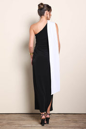 Model Maddiec wearing size 10 of the Camille Reversable Dress – Black in colour Black, from the front