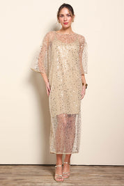 Model Maddiec wearing size 10 of the Nina Sequindress – Gold in colour Gold, from the front