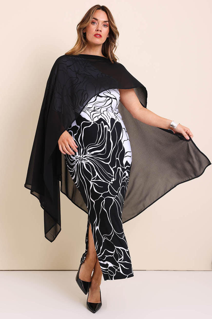 Model Lauraw wearing size 14 of the Freya Sheer Wrap – Black in colour Black, from the front