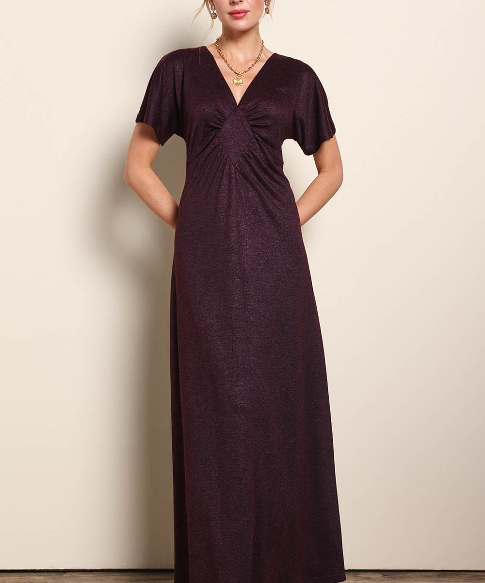 Model Maddiec wearing size 10 of the Glenda Evening Gown - Garnet in colour Garnet, from the front