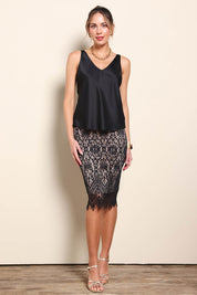 Model Maddiec wearing size 10 of the Kiki Lace Skirt - Black in colour Black, from the front
