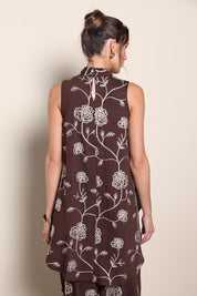 Model Maddiec wearing size 10 of the Celia Top - Chocolategold in colour Chocolategold, from the back