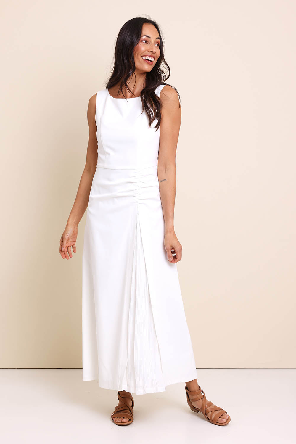 Model Amandam wearing size 10 of the Lisa Evening Gown - Snow in colour Snow, from the front