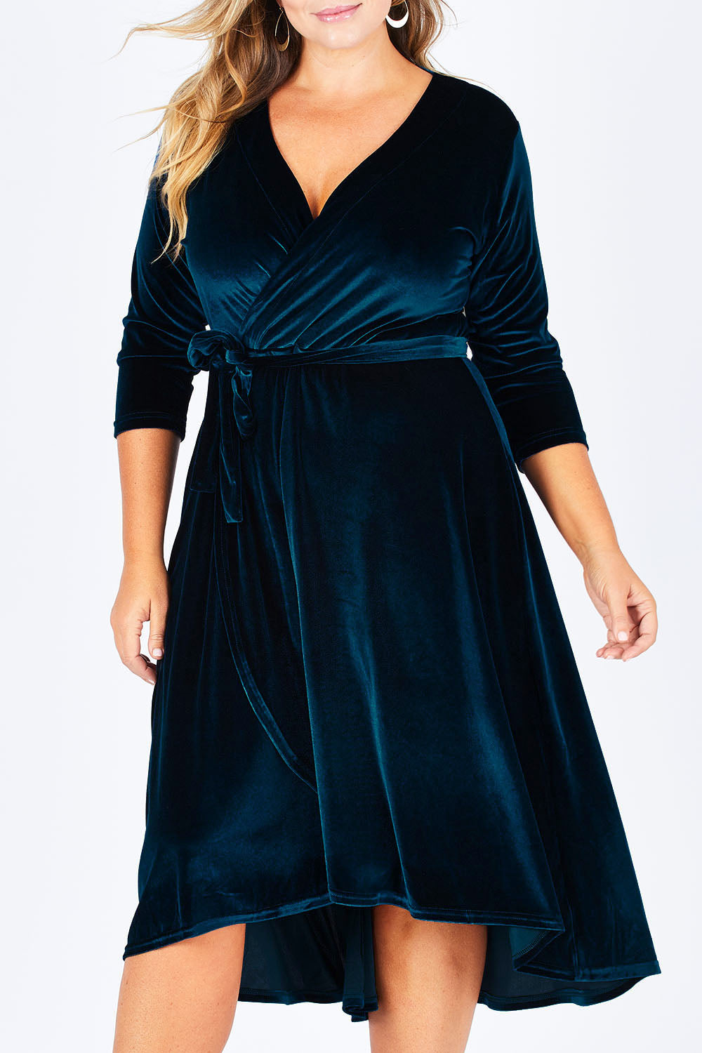 Model Fiona wearing size 16 of the Annabelle Dress in colour Opal (Blue), from the front, cropped image