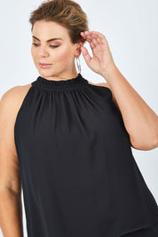 Model Fiona wearing size 16 of the Liz Top in colour Black (Black), from the front, cropped image