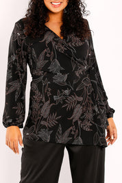 Model Sasha-Lee wearing size 16 of The Printed Maryin colourJane Tunic - Dotmystery (Black), from the front, cropped image
