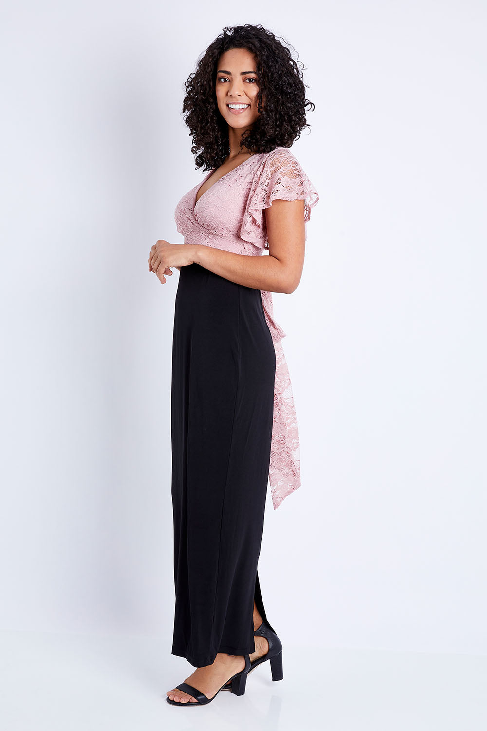 Model Pamela wearing size 10 of the Clara Dress in colour Blackblush (Black), from the front, showing the whole outfit