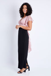 Model Pamela wearing size 10 of the Clara Dress in colour Blackblush (Black), from the front, showing the whole outfit