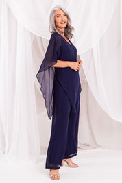 Model Luisa wearing size 10 of the Marie Top in colour Navy (Blue), from the front, showing the whole outfit