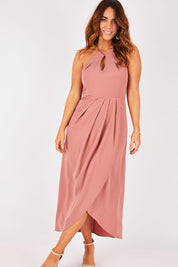 Model Laura wearing size 12 of the Adriana Dress in colour Camelia (Pink), from the front, showing the whole outfit