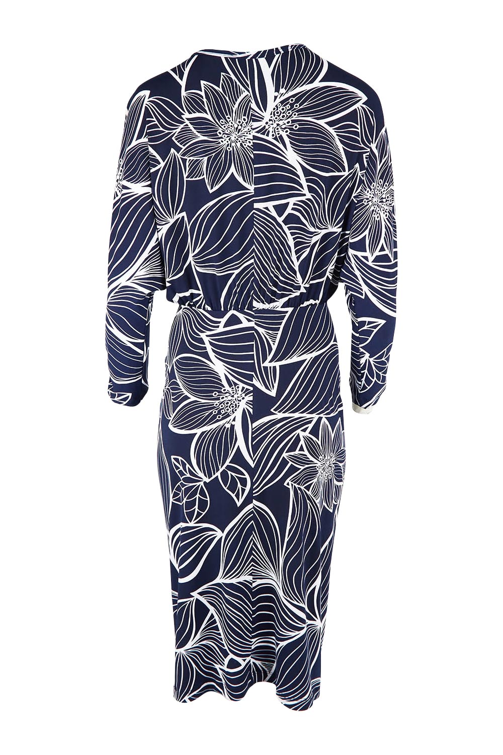 Product shot of The Printed Nancy Dress in colour Navyleaves (Blue), from the back
