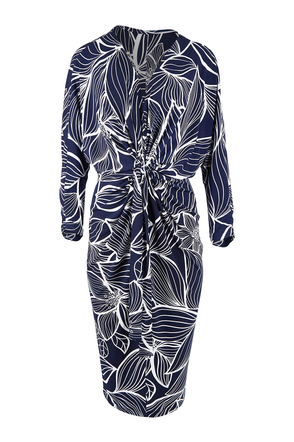 Product shot of The Printed Nancy Dress in colour Navyleaves (Blue), from the front