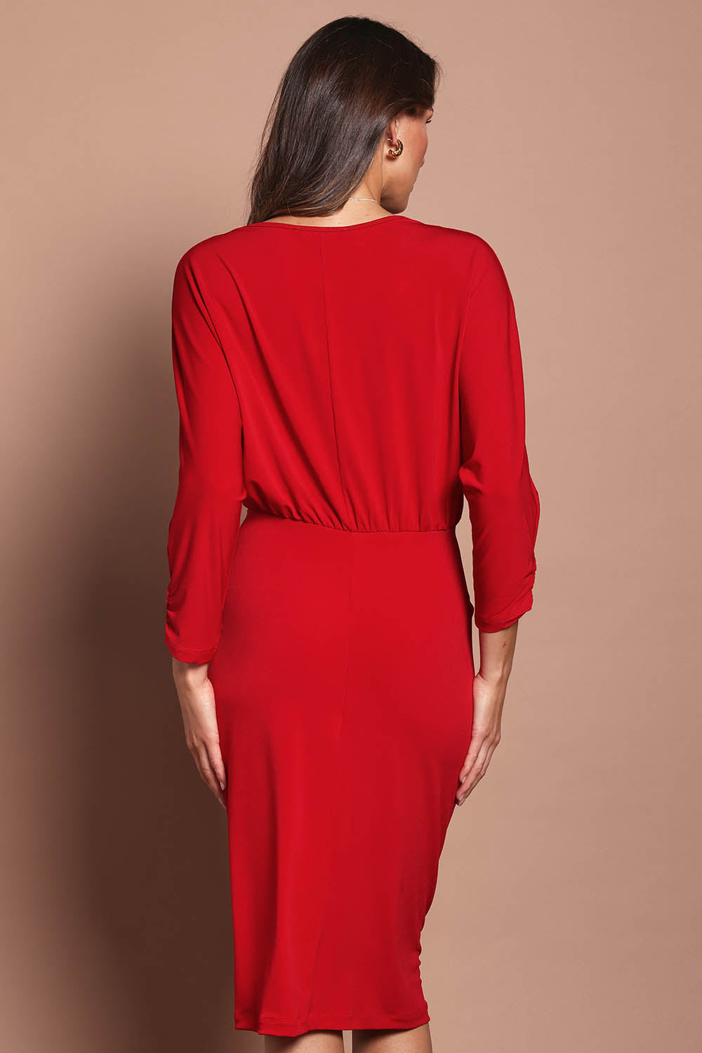 Model Madeline wearing size 10 of the Nancy Dress in colour Red (Red), from the back