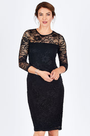 Model Rebecca wearing size 10 of the Michelle in colour Black (Black), from the front, cropped image