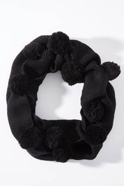 A model wearing size OneSize of the Pom Pom Snood Scarf in colour Black (Black), from the front, showing the whole outfit