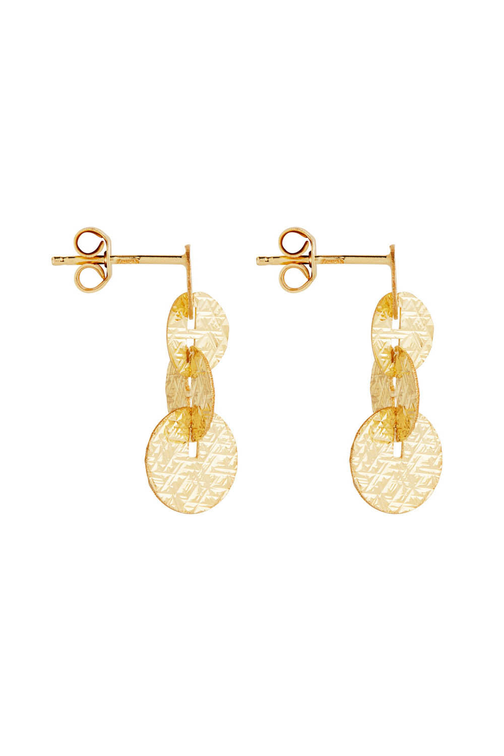 Product shot of the Milleluci Yellow Gold Circular Petite Drop Earring in colour Gold (Metallics), detail