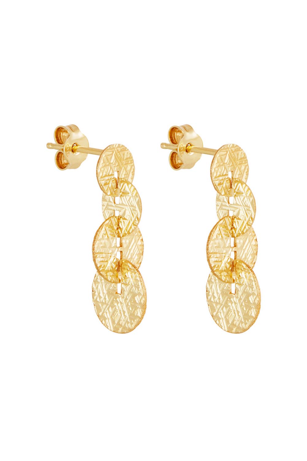 Product shot of the Milleluci Yellow Gold Circular Petite Drop Earring in colour Gold (Metallics), from the front