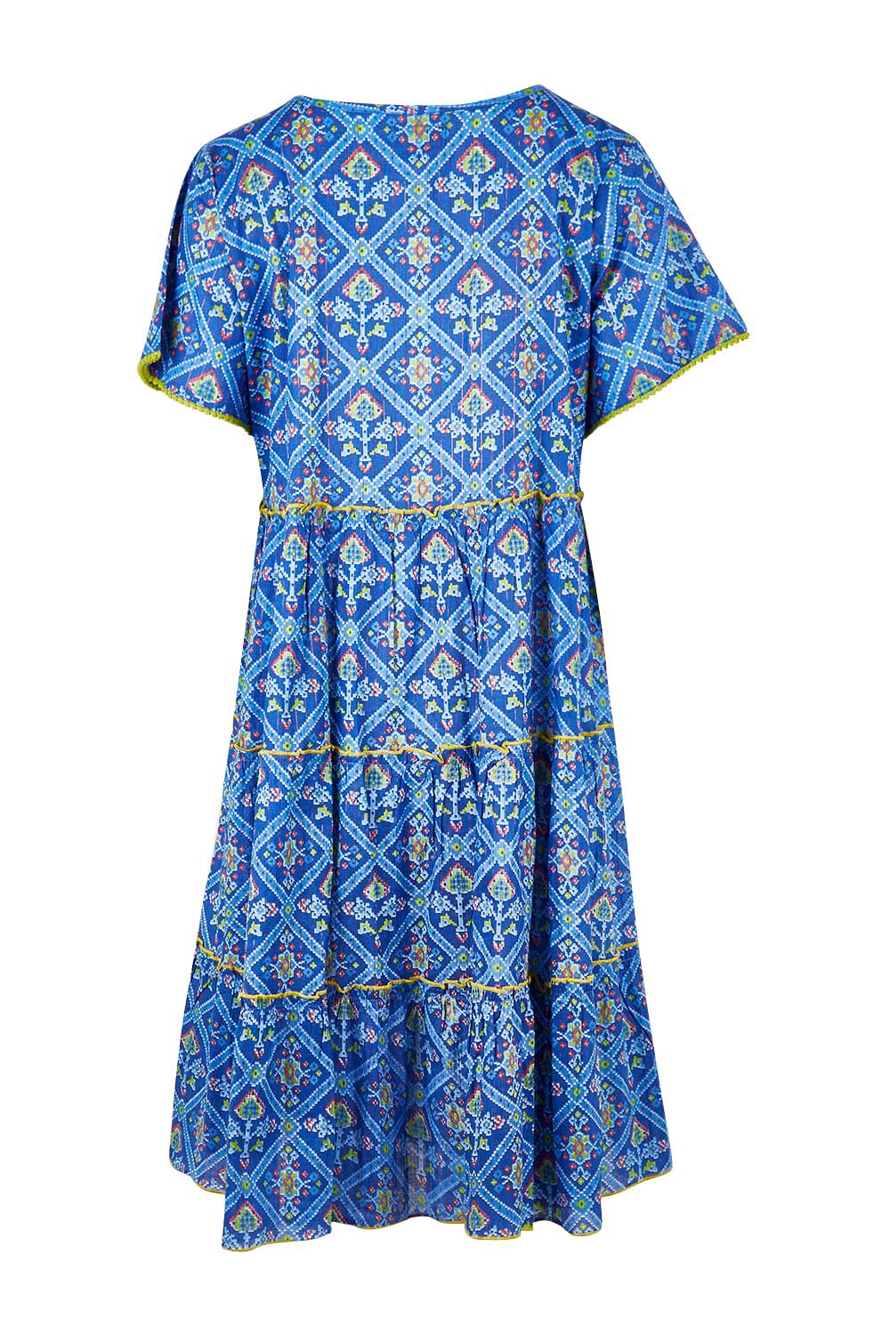 Product shot of the Libra Dress in colour Patolablue (Blue), from the back