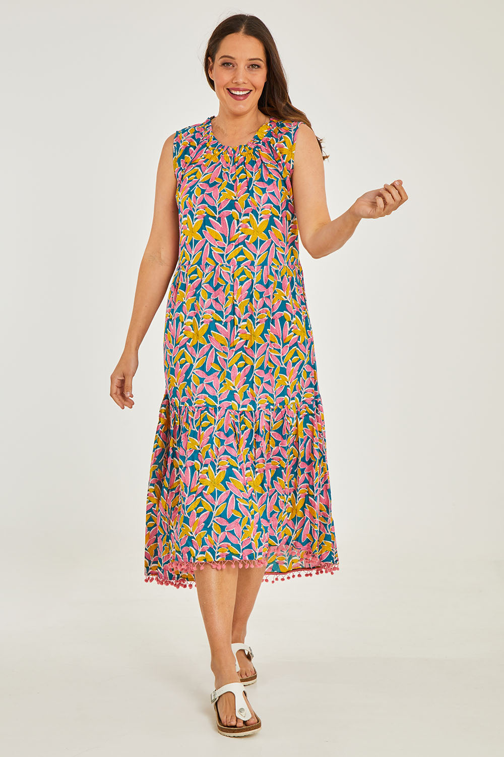 Model Georgia wearing size S of the Mabel Maxi in colour Jungle (Pink), from the front, showing the whole outfit