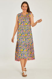 Model Georgia wearing size S of the Mabel Maxi in colour Jungle (Pink), from the front, showing the whole outfit