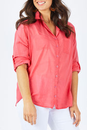 Model Shadae wearing size S of the Marina Shirt in colour Watermelon (Pink), from the front, cropped image