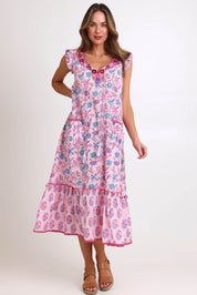 Model Madelinec wearing size 10 of the Epson Cotton Maxi Dress – Cupcake in colour Cupcake, from the front