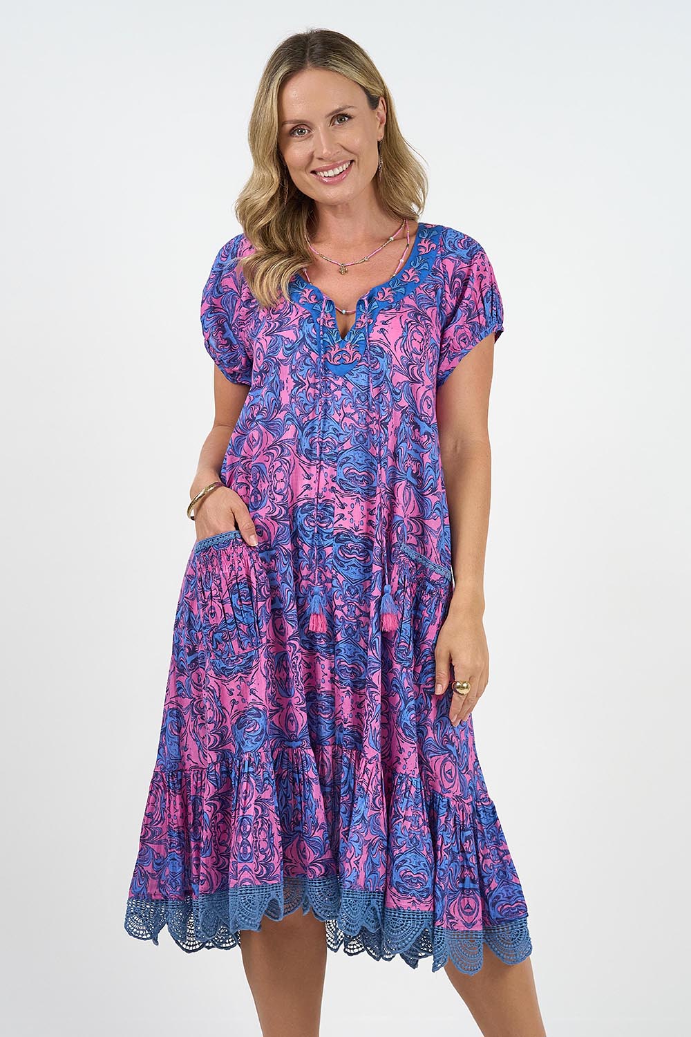 A model wearing the Sao Paulo Cotton Dress in colour Alessipink, from the front, cropped image