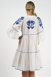 A model wearing the Molly Cotton Dress in colour Elsa (White), from the back