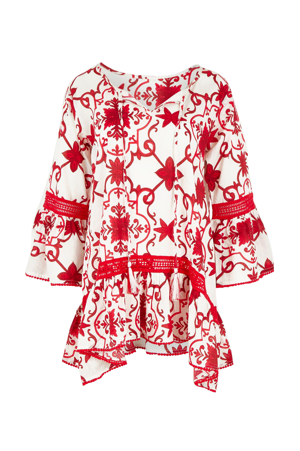 Product shot of the Hacienda Cotton Tunic in colour Jemmared (Red), from the front
