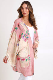 Model Madelinec wearing size 10 of the Rosary Kimono – Rosary in colour Rosary, from an angle