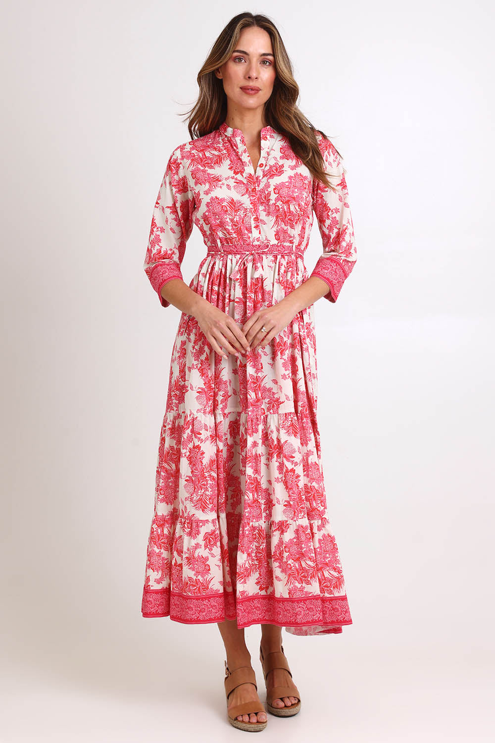 Model Madelinec wearing size 10 of the Leela Cotton Maxi Dress – Jasminewhite in colour Jasminewhite, from the front