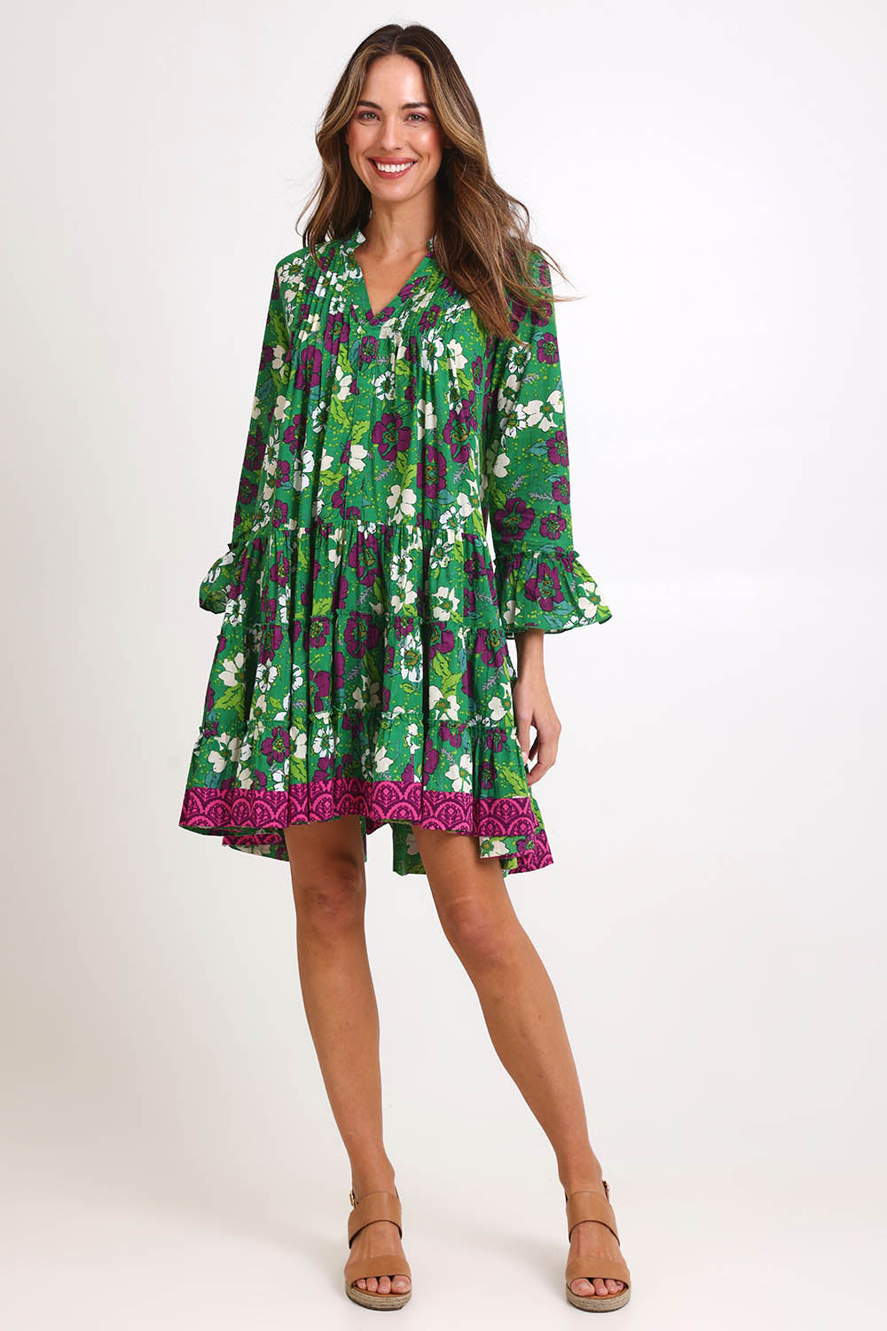 Model Madelinec wearing size 10 of the Lobster Cotton Dress – Filoma in colour Filoma, from the front