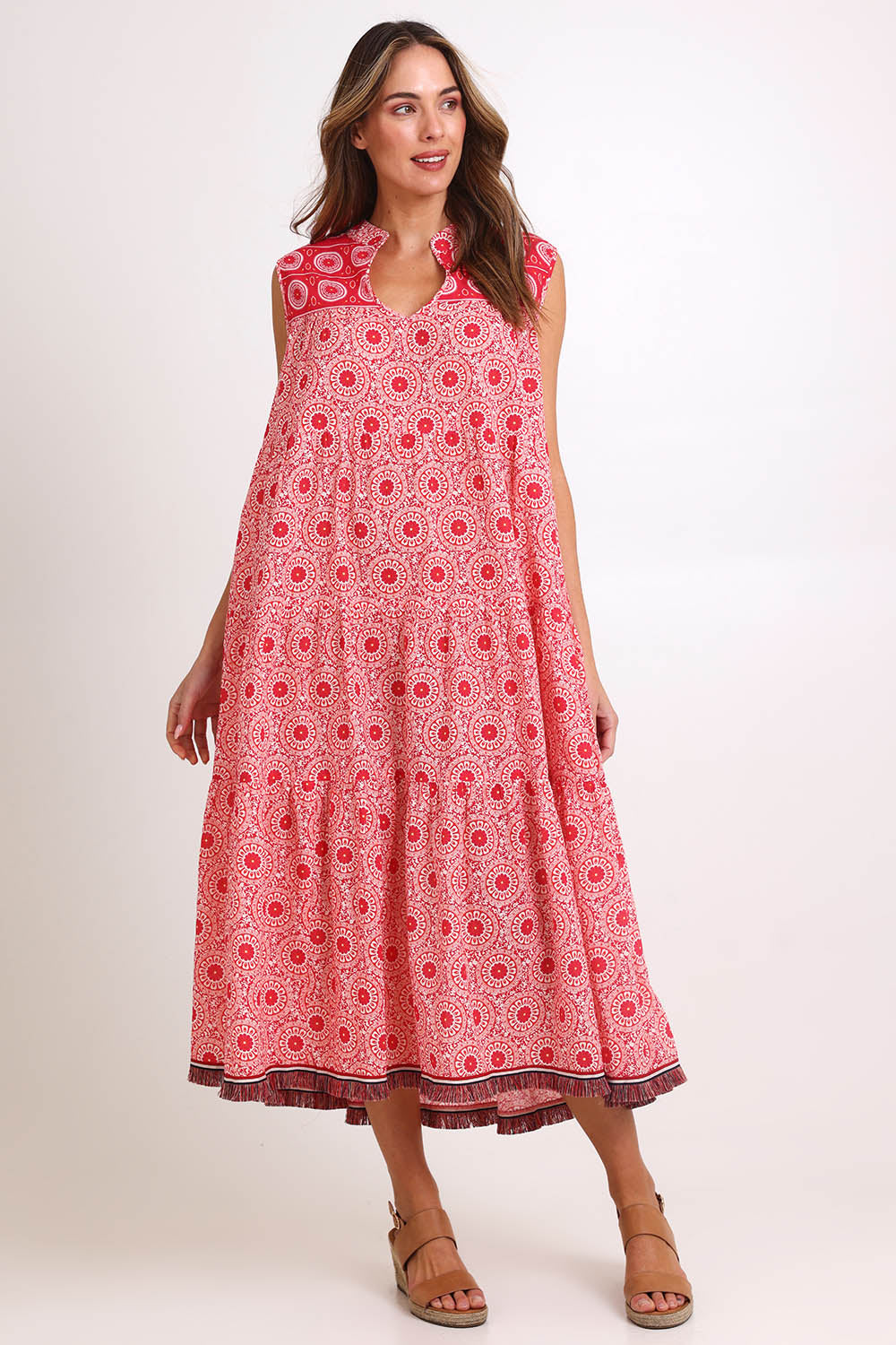 Model Madelinec wearing size 10 of the Lulu Cotton Maxi Dress – Suzanired in colour Suzanired, from the front