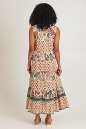 Model Ziara wearing size S of the Lulu Cotton Maxi Dress in colour Luna, from the back