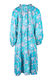 Product shot of the Molly Dress in colour Derpink (Blue), from the back