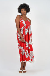 A model wearing the Astrid Cotton Maxi Dress in colour Pompeiired (Red), from the front, showing the whole outfit
