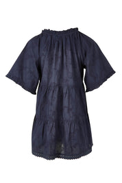 Product shot of the Matilda Cotton Short Sleeve Top in colour Paisleynav (Blue), from the back