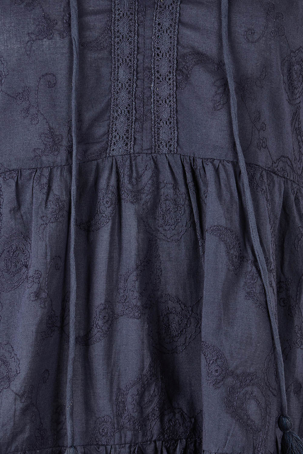 Product shot of the Matilda Cotton Short Sleeve Top in colour Paisleynav (Blue), detail