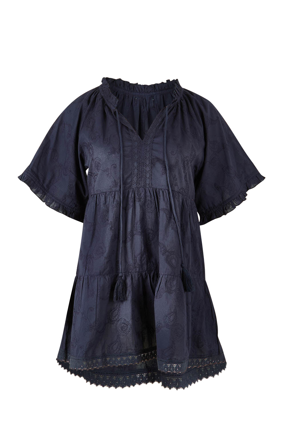 Product shot of the Matilda Cotton Short Sleeve Top in colour Paisleynav (Blue), from the front