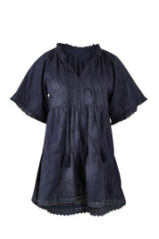Product shot of the Matilda Cotton Short Sleeve Top in colour Paisleynav (Blue), from the front