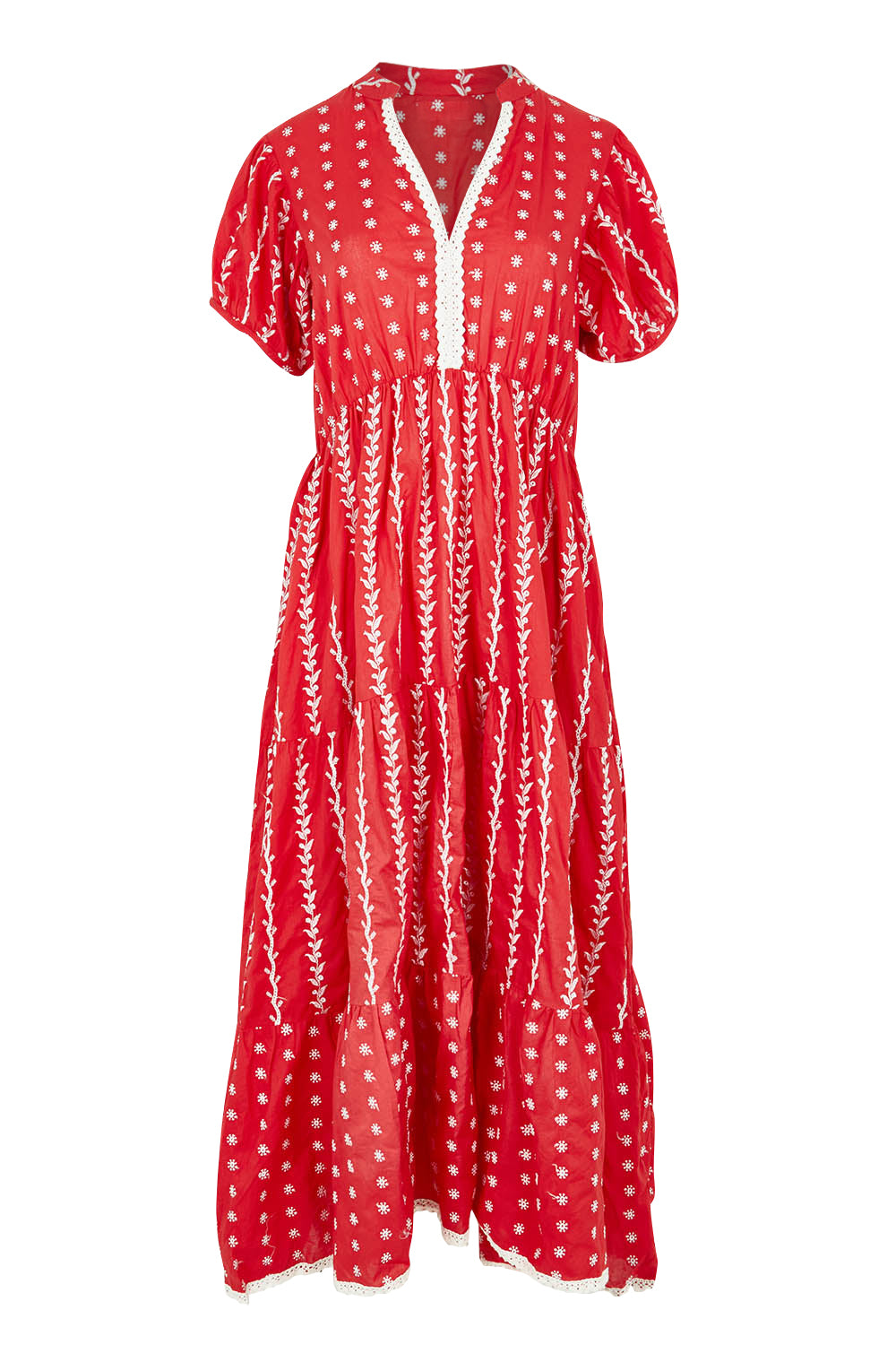Product shot of the Frida Cotton Maxi Dress in colour Sorrento (Red), from the front