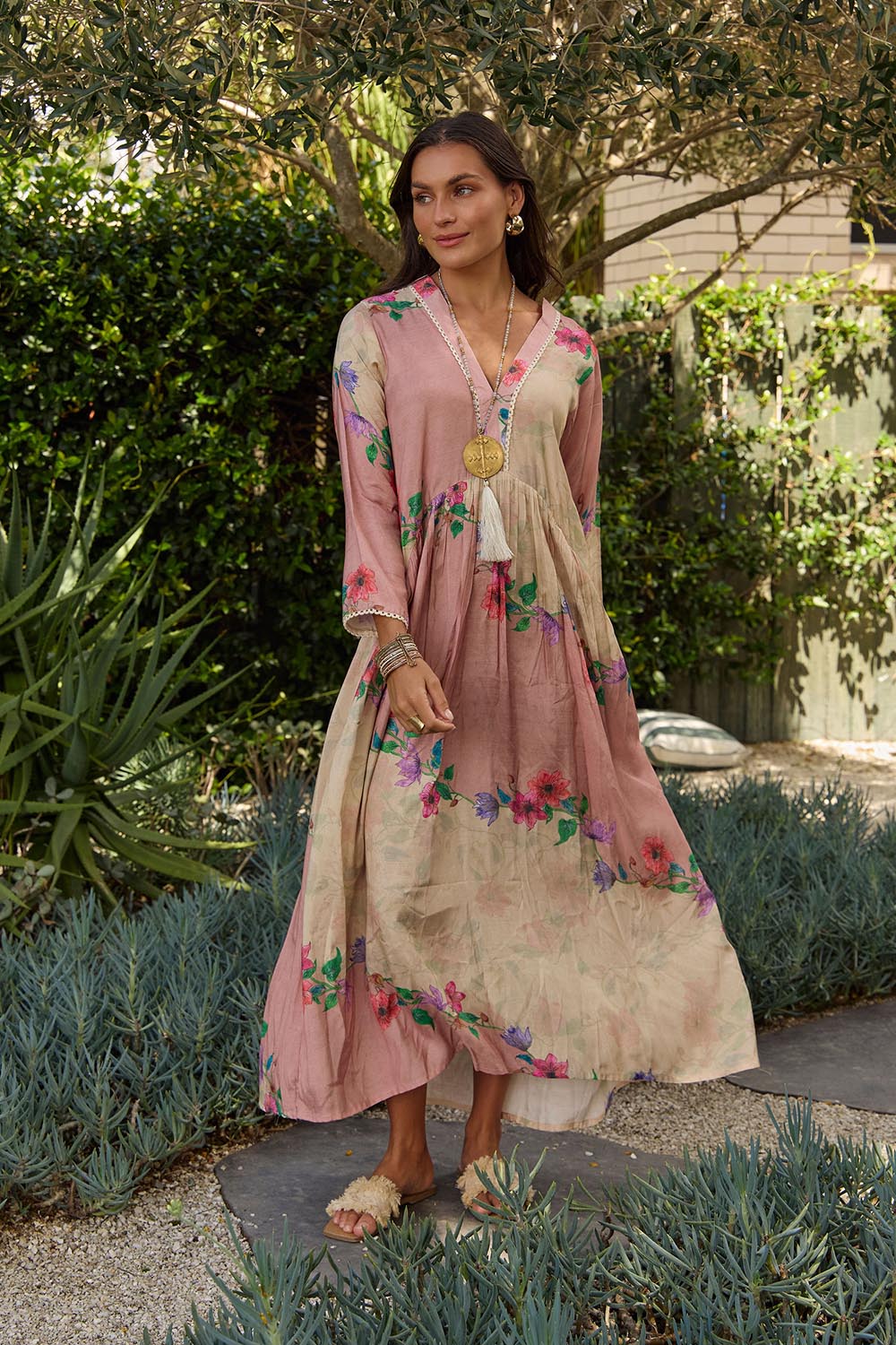 Model Genericm wearing size sample of the Penelope Maxi Dress – Rosary in colour Rosary, from the front