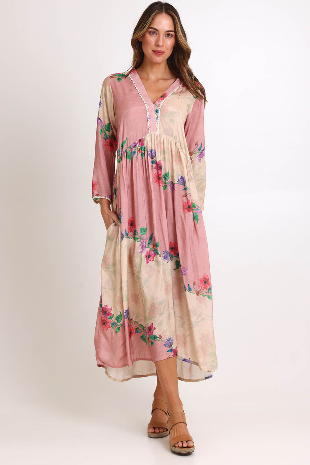 Model Madelinec wearing size 10 of the Penelope Maxi Dress – Rosary in colour Rosary, from the front