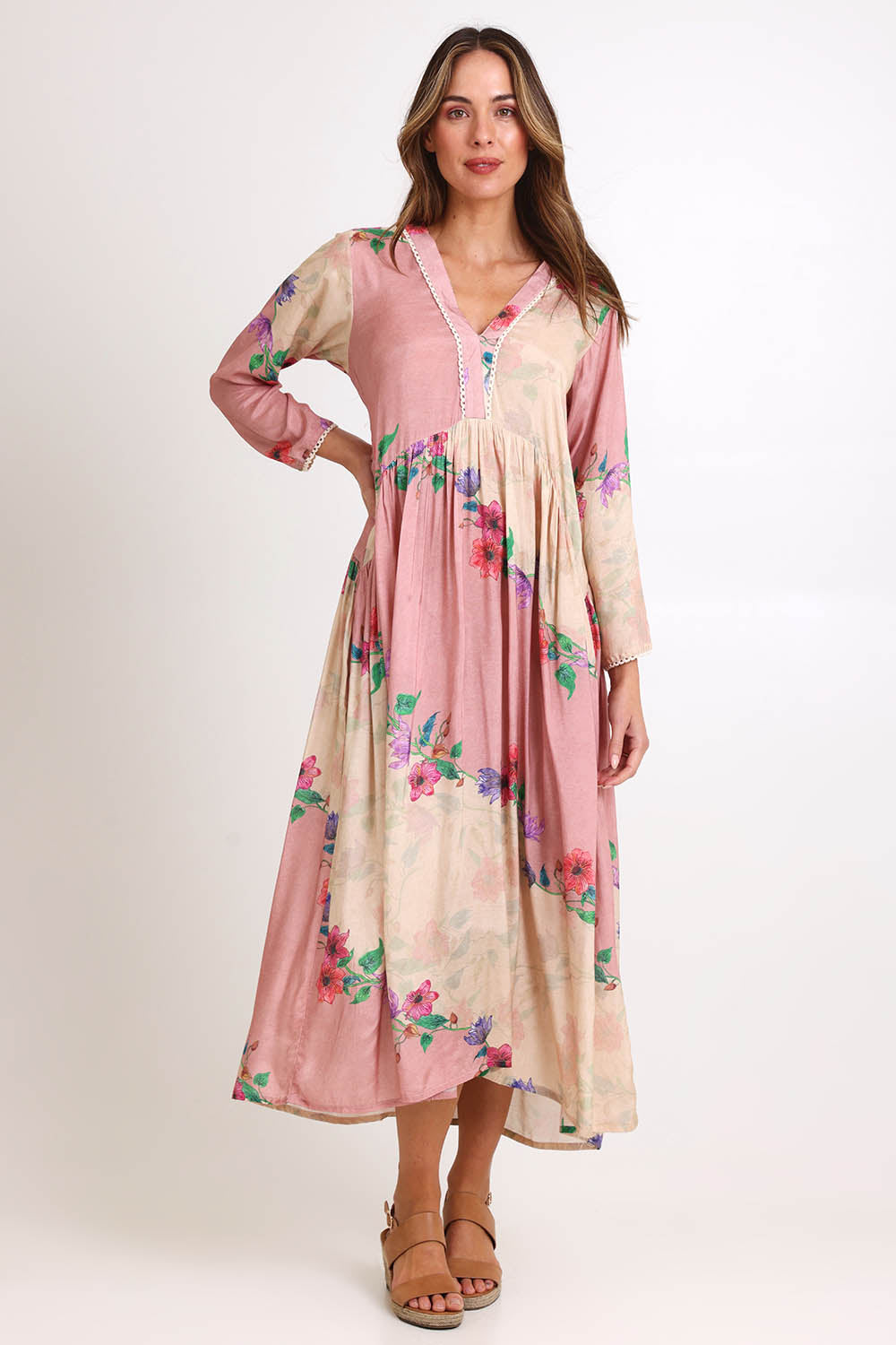 Model Madelinec wearing size 10 of the Penelope Maxi Dress – Rosary in colour Rosary, from the front