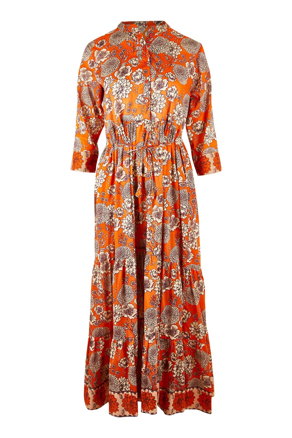 Product shot of the Leela Dress in colour Orange, from the front