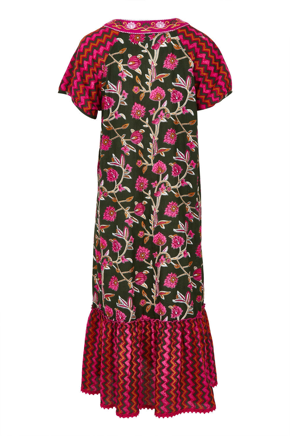 Product shot of the Sao Paulo Cotton Midi Dress in colour Jewel (Green), from the back