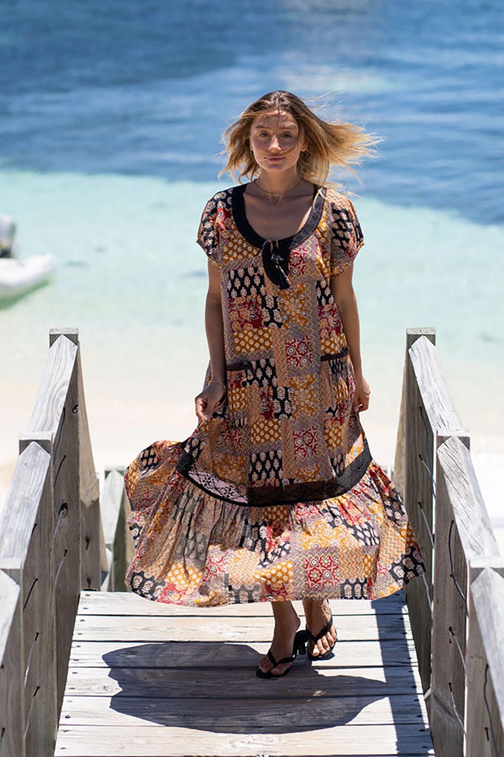 Model Genericm wearing size sample of the Sao Paulo Cotton Midi Dress – Mexico in colour Mexico, from the front
