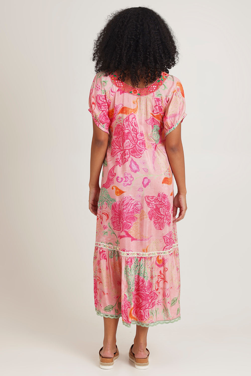 Model Ziara wearing size S of the Sao Paulo Maxi Dress in colour Charlise (Pink), from the back